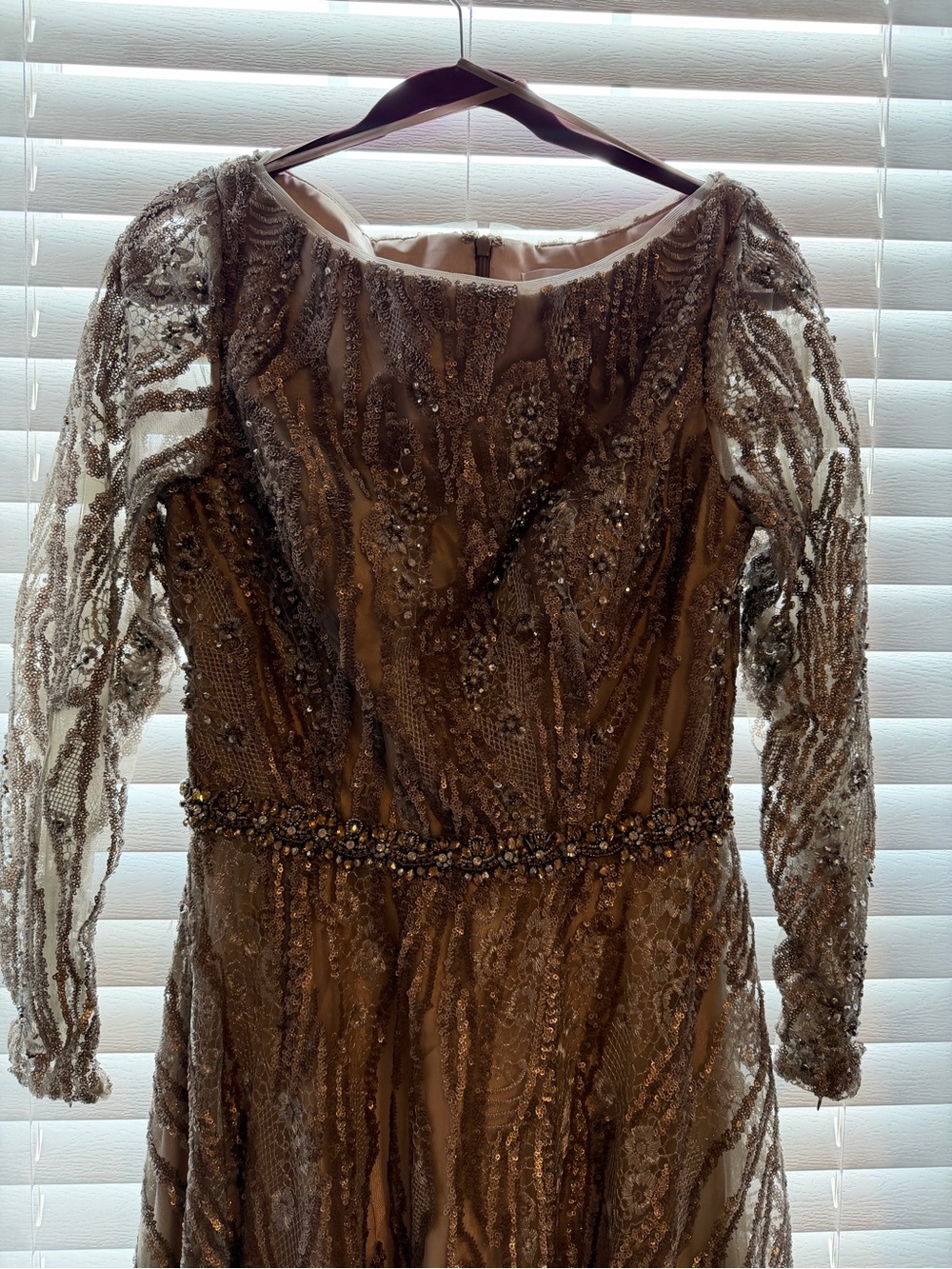 Mac Duggal Embellished Sheer-Sleeve Evening Gown in grey sliver